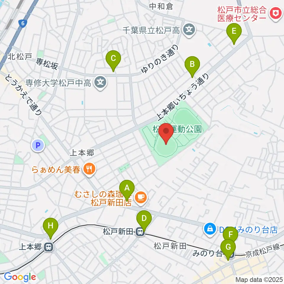 松戸運動公園野球場周辺のコンビニエンスストア一覧地図