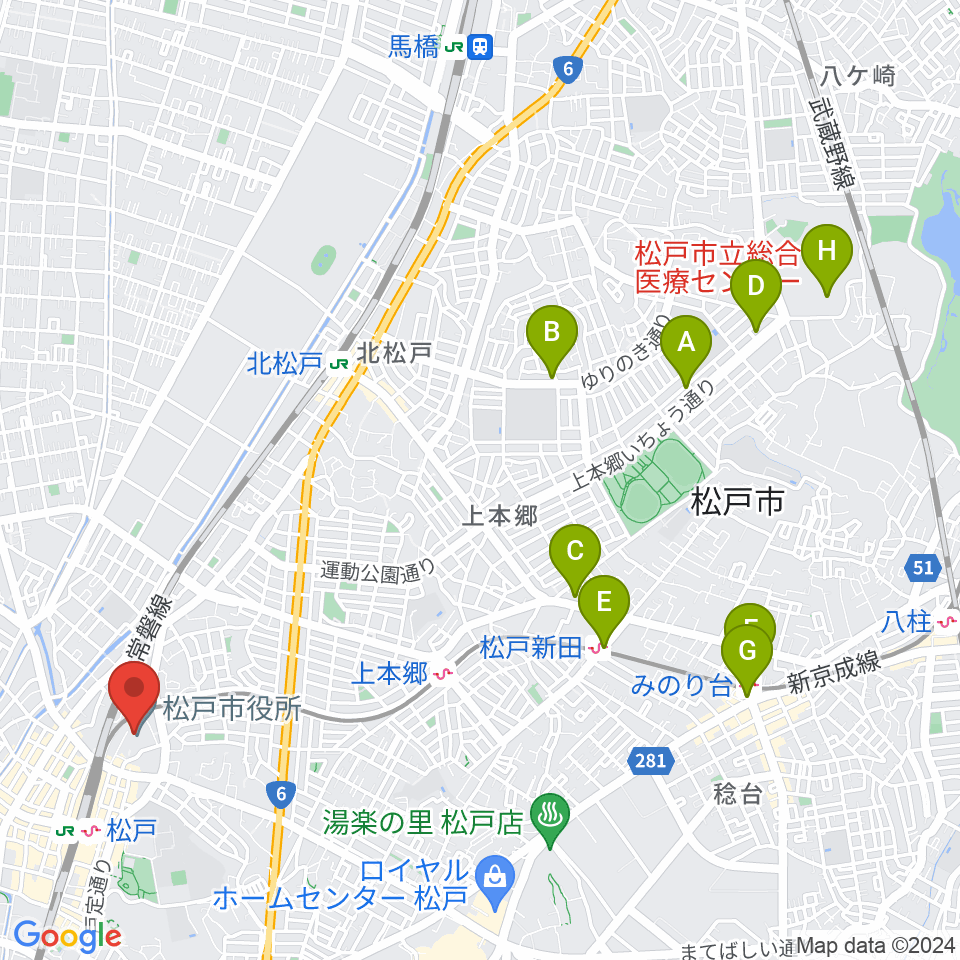 松戸運動公園体育館周辺のコンビニエンスストア一覧地図