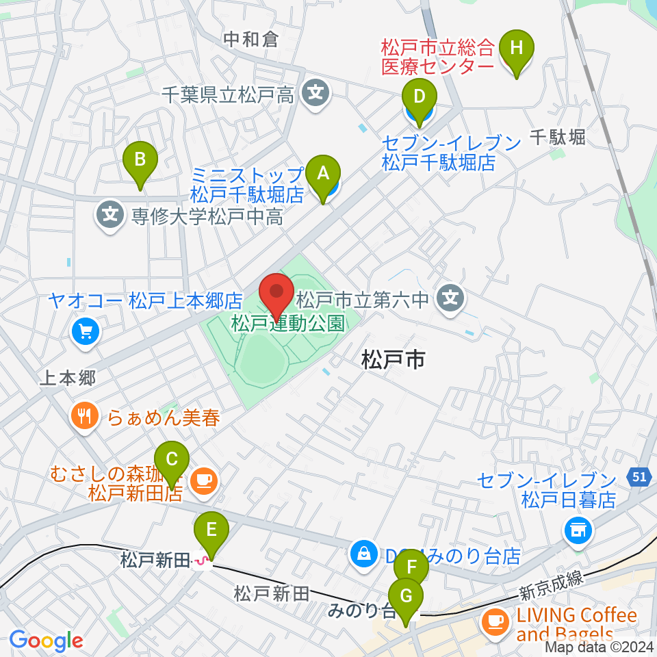 松戸運動公園武道館周辺のコンビニエンスストア一覧地図