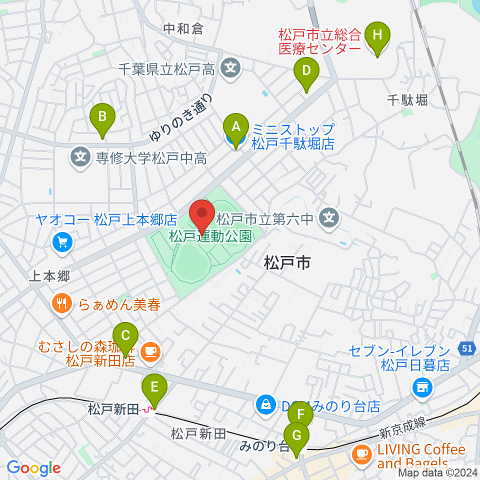 松戸運動公園武道館周辺のコンビニエンスストア一覧地図