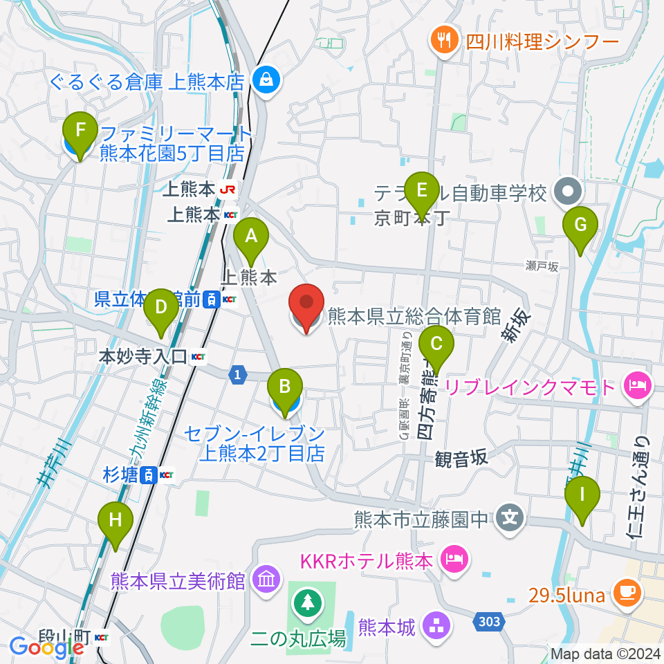 熊本県立総合体育館周辺のコンビニエンスストア一覧地図