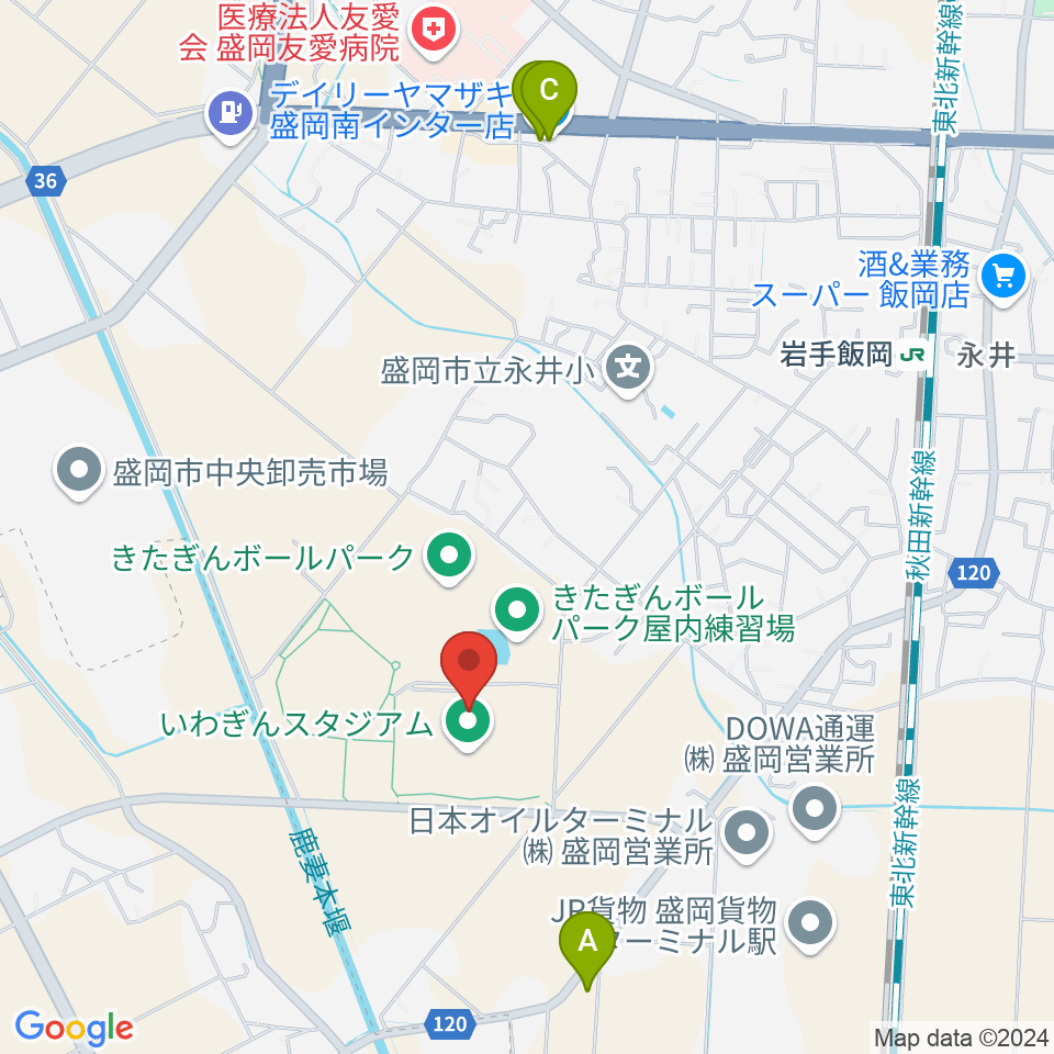 いわぎんスタジアム周辺のコンビニエンスストア一覧地図