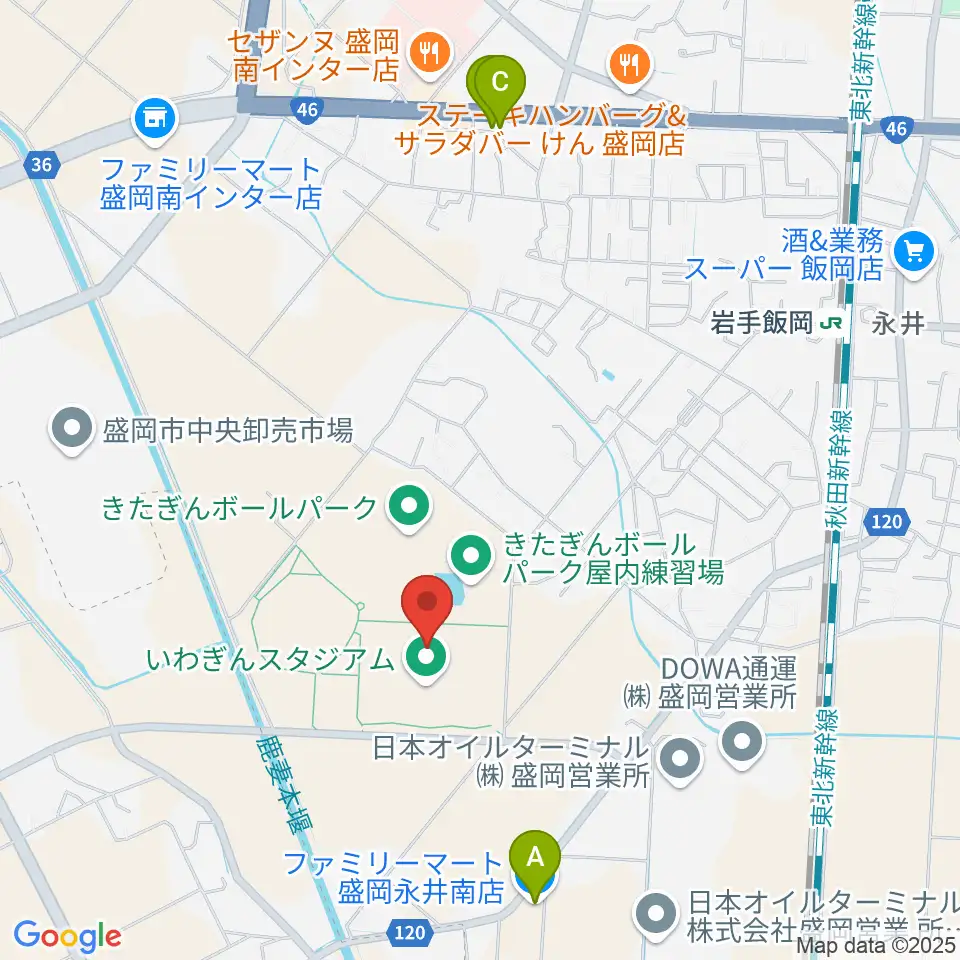 いわぎんスタジアム周辺のコンビニエンスストア一覧地図