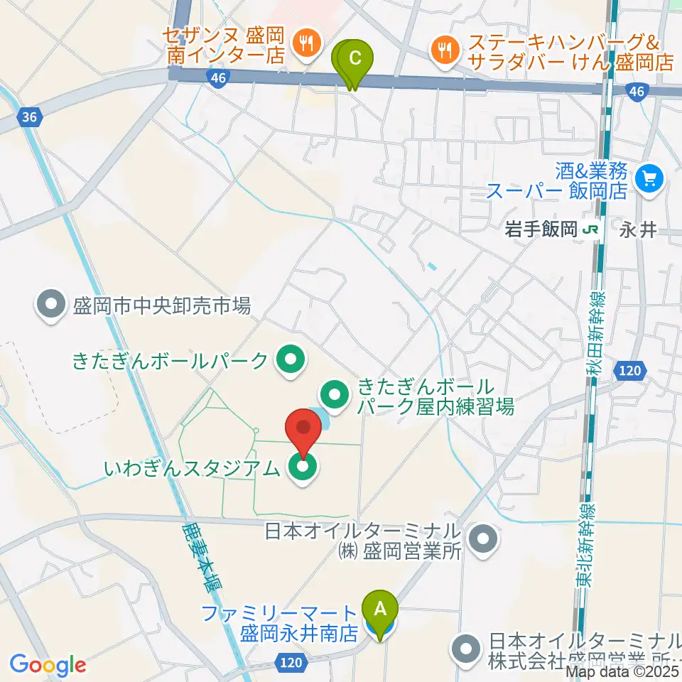 いわぎんスタジアム周辺のコンビニエンスストア一覧地図