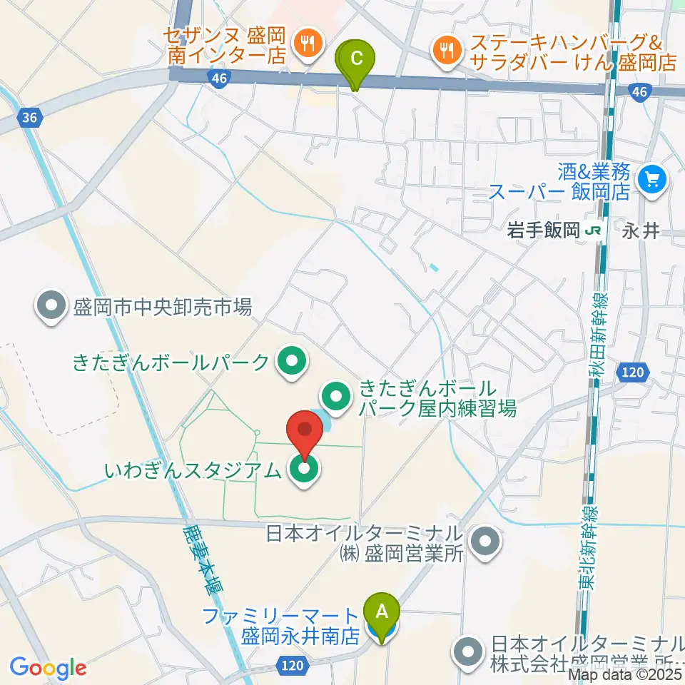いわぎんスタジアム周辺のコンビニエンスストア一覧地図