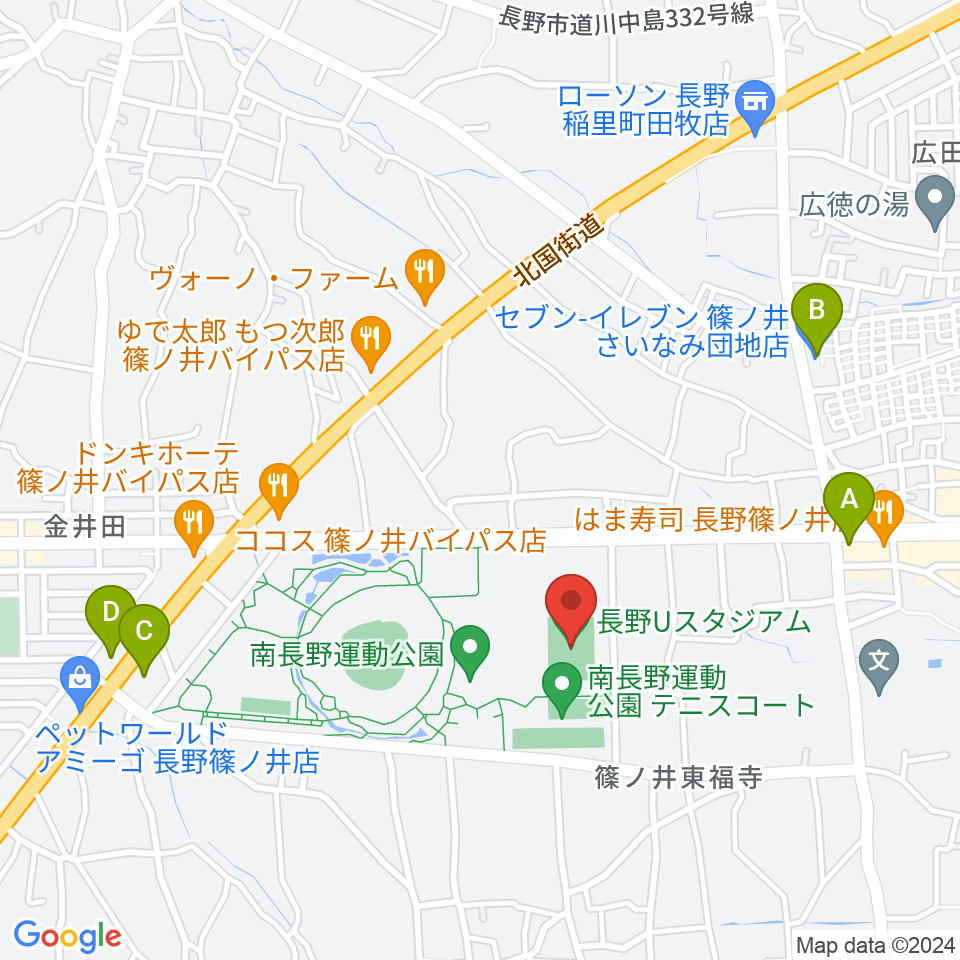 長野Uスタジアム周辺のコンビニエンスストア一覧地図