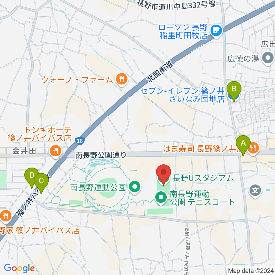 長野Uスタジアム周辺のコンビニエンスストア一覧地図