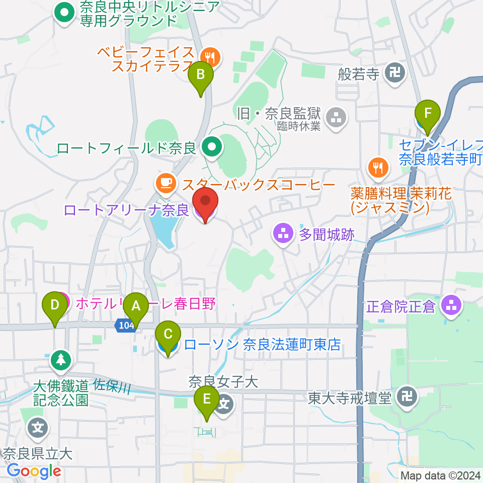 ロートアリーナ奈良 奈良市中央体育館周辺のコンビニエンスストア一覧地図