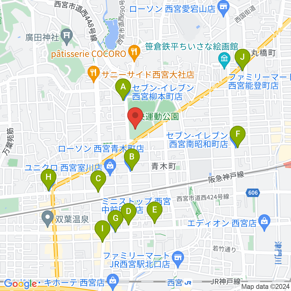 西宮市立中央体育館周辺のコンビニエンスストア一覧地図