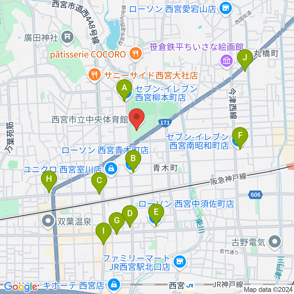 西宮市立中央体育館周辺のコンビニエンスストア一覧地図