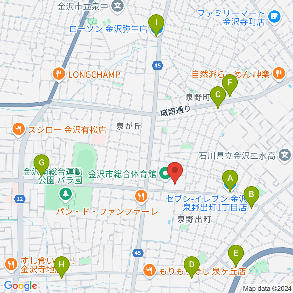 金沢市総合体育館周辺のコンビニエンスストア一覧地図