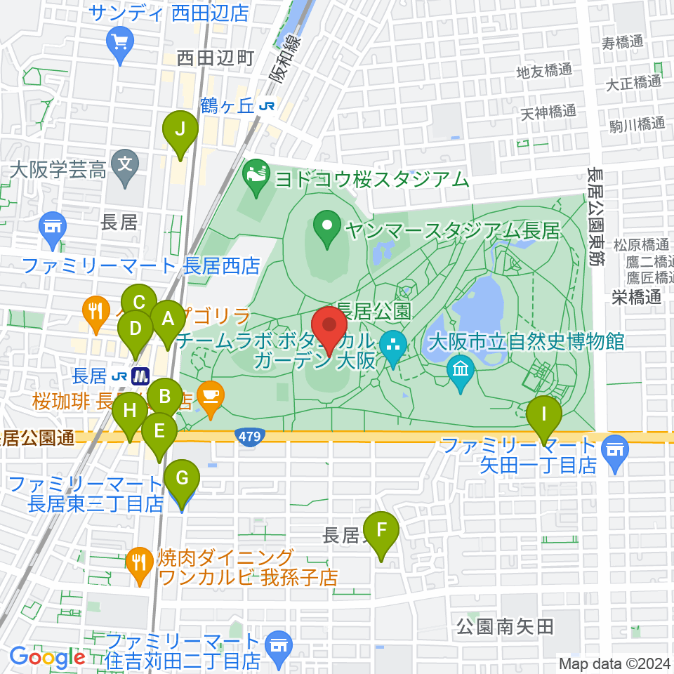 ヤンマーフィールド長居周辺のコンビニエンスストア一覧地図