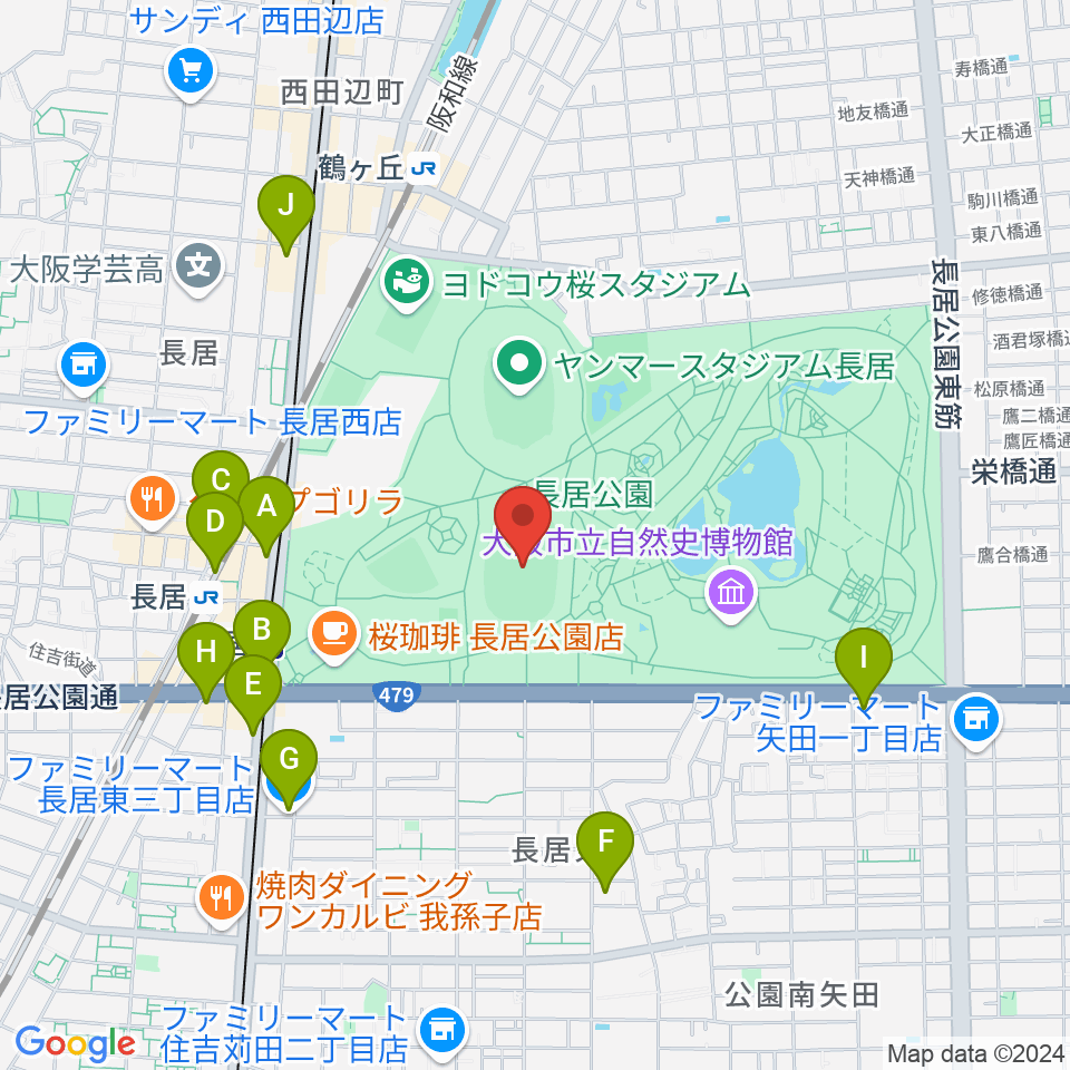 ヤンマーフィールド長居周辺のコンビニエンスストア一覧地図