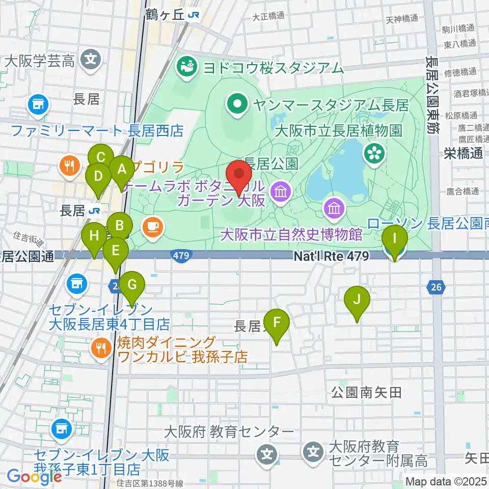 ヤンマーフィールド長居周辺のコンビニエンスストア一覧地図
