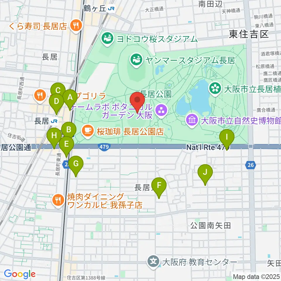 ヤンマーフィールド長居周辺のコンビニエンスストア一覧地図