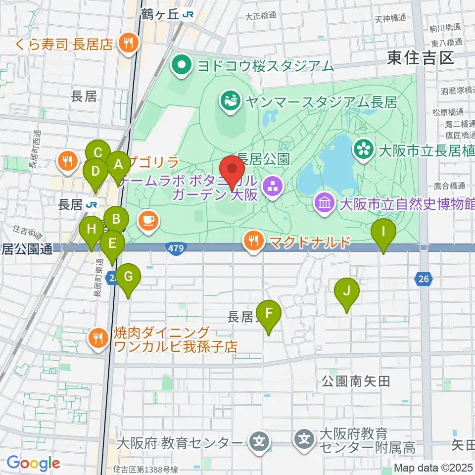 ヤンマーフィールド長居周辺のコンビニエンスストア一覧地図