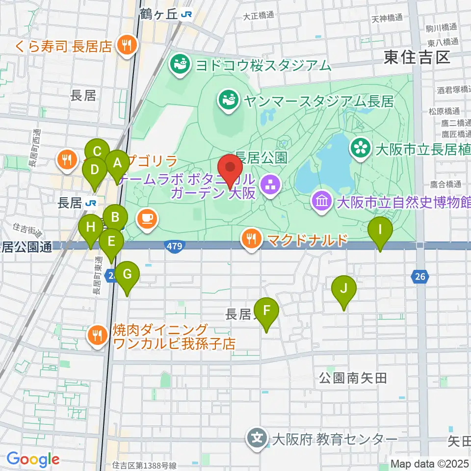 ヤンマーフィールド長居周辺のコンビニエンスストア一覧地図