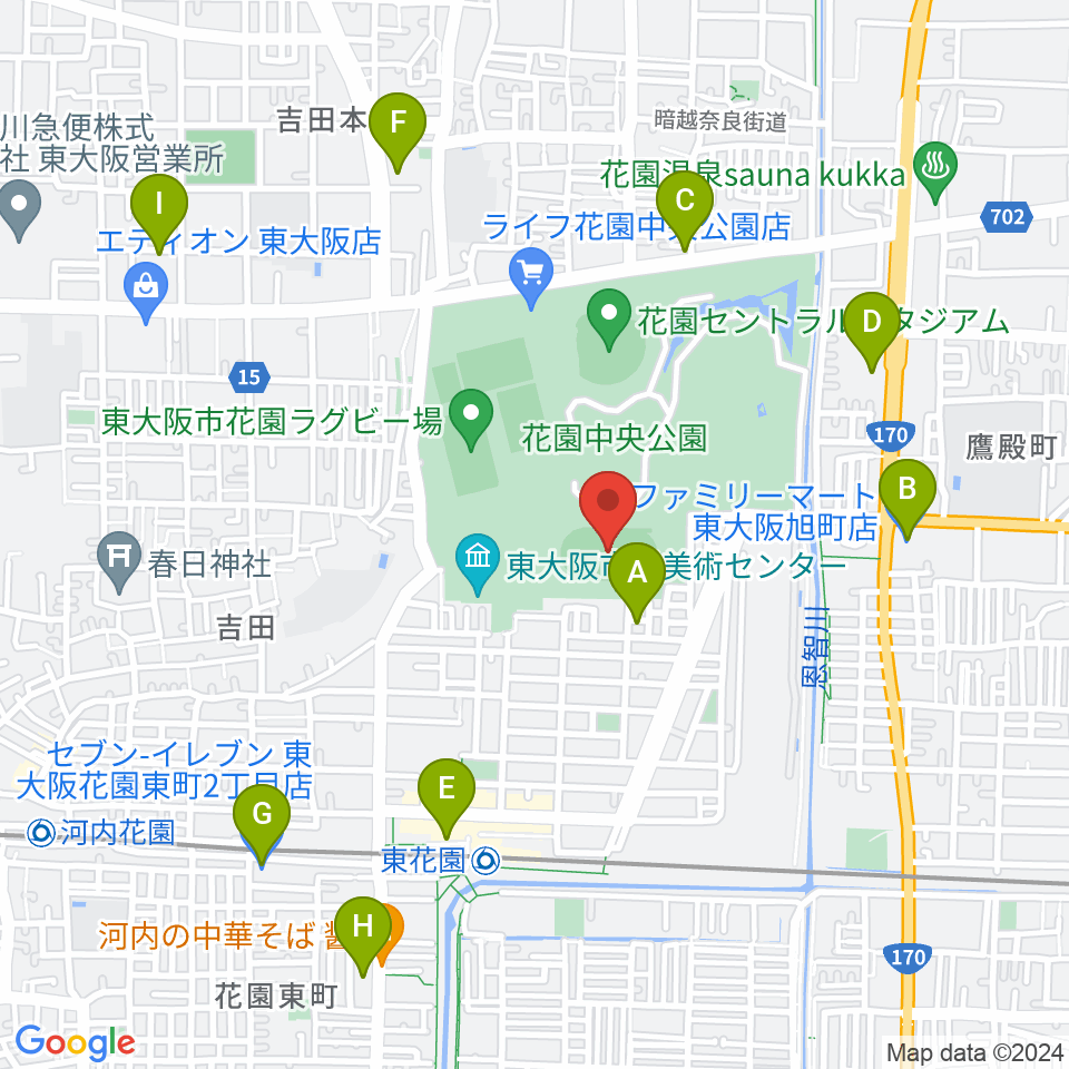 東大阪市花園中央公園 多目的球技広場周辺のコンビニエンスストア一覧地図
