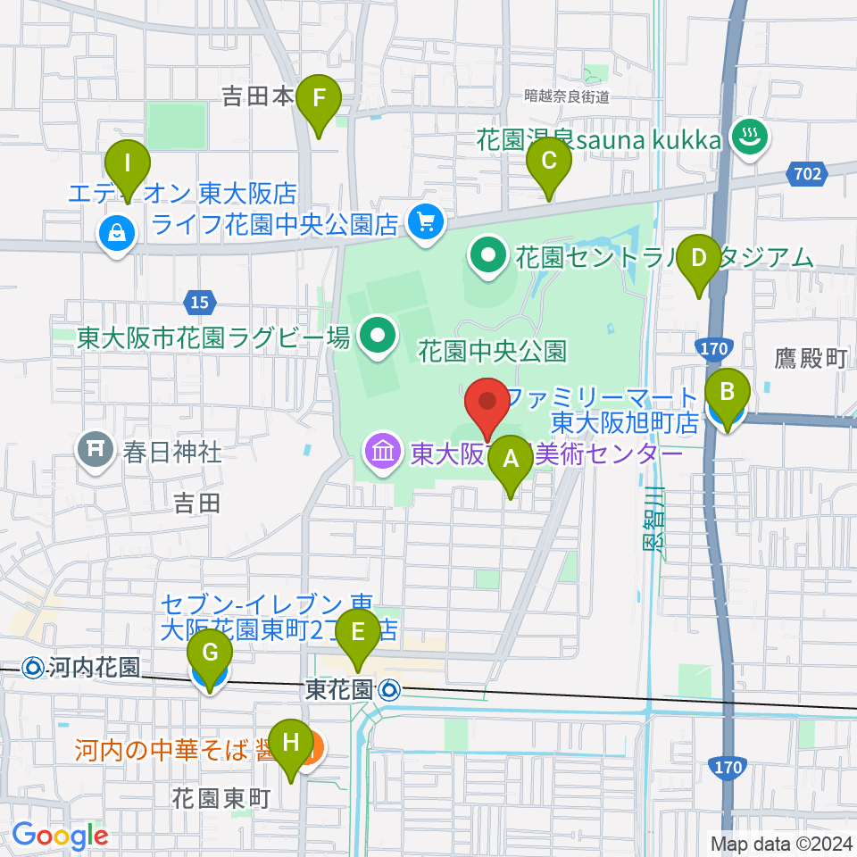 東大阪市花園中央公園 多目的球技広場周辺のコンビニエンスストア一覧地図