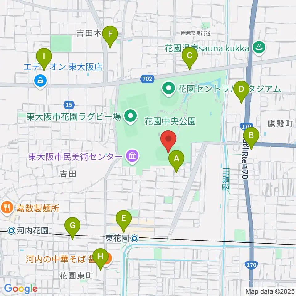 東大阪市花園中央公園 多目的球技広場周辺のコンビニエンスストア一覧地図
