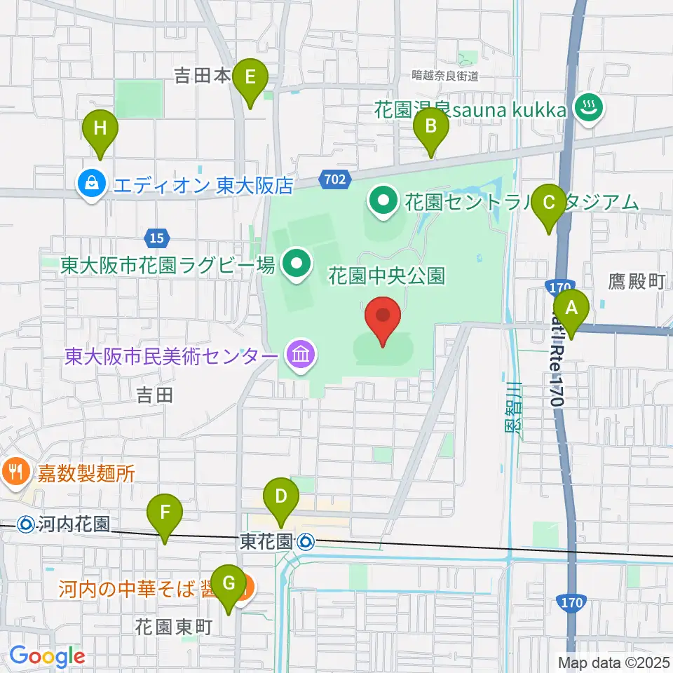 東大阪市花園中央公園 多目的球技広場周辺のコンビニエンスストア一覧地図