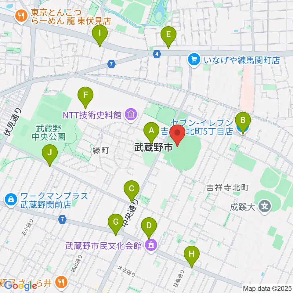 武蔵野陸上競技場周辺のコンビニエンスストア一覧地図