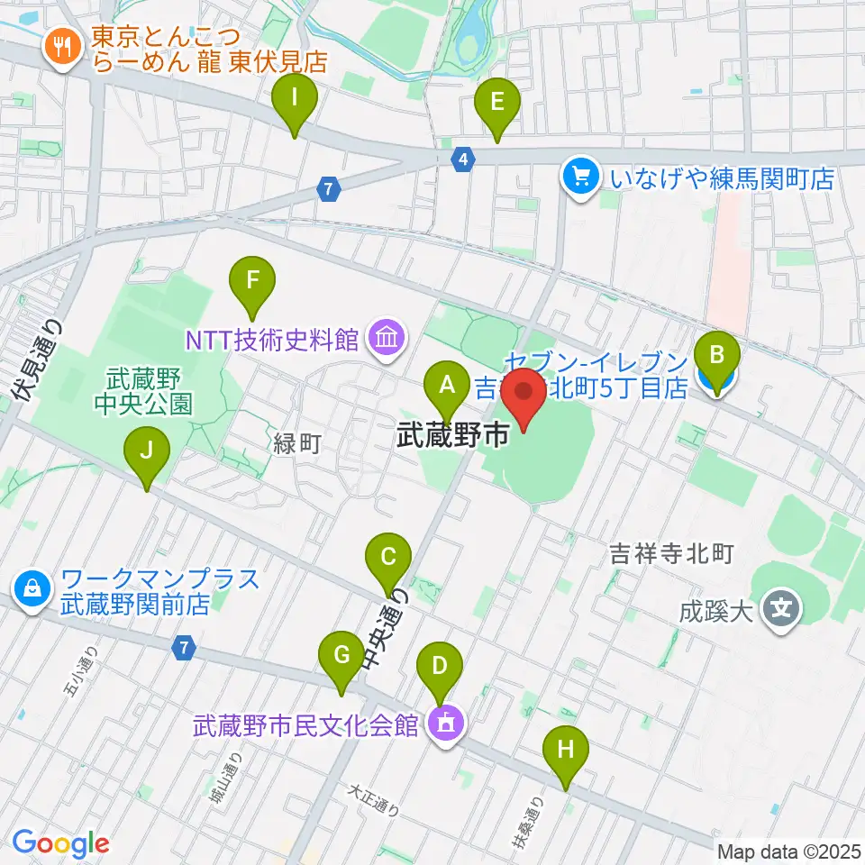 武蔵野陸上競技場周辺のコンビニエンスストア一覧地図