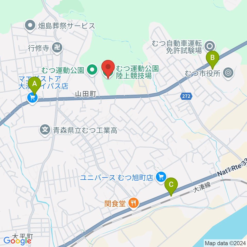 むつ運動公園陸上競技場周辺のコンビニエンスストア一覧地図