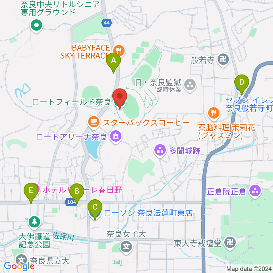 ロートフィールド奈良周辺のコンビニエンスストア一覧地図