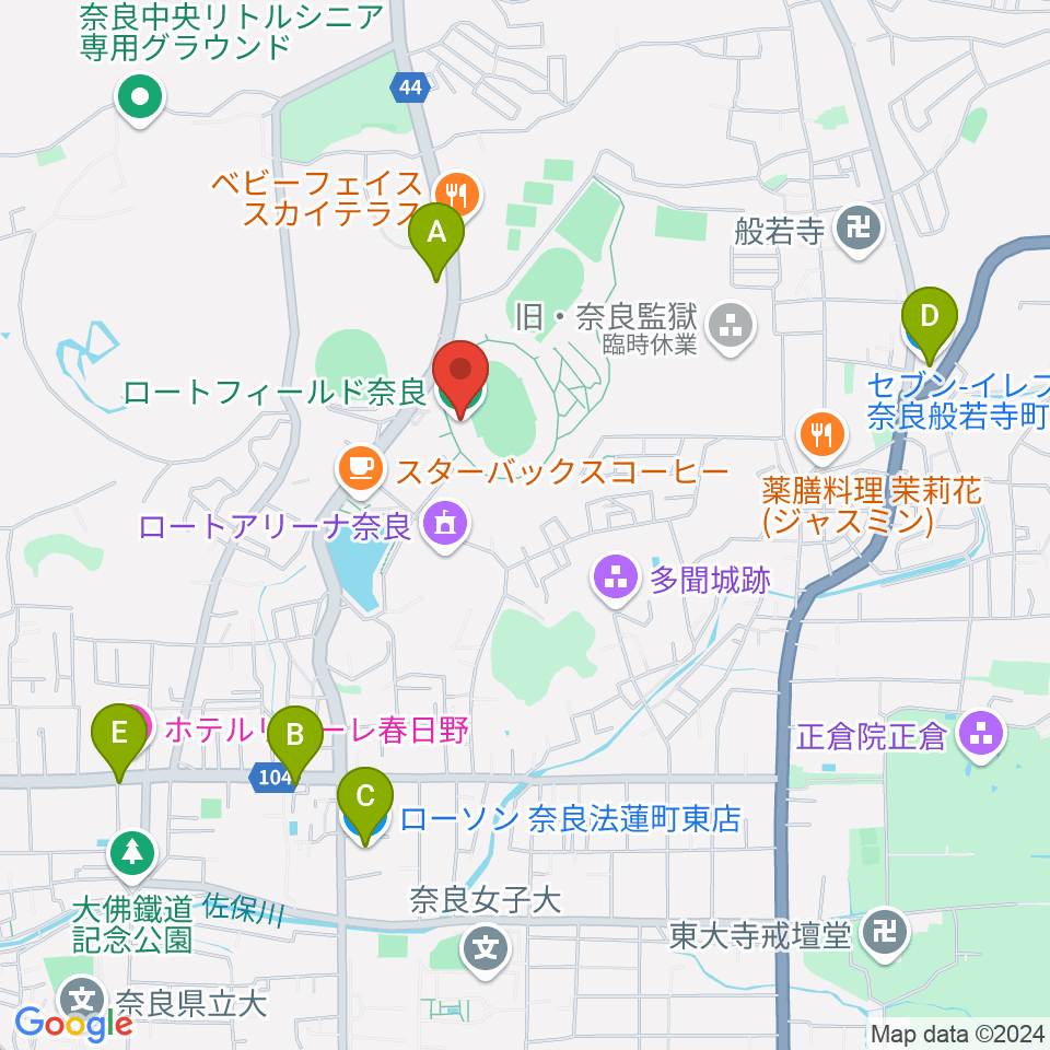 ロートフィールド奈良周辺のコンビニエンスストア一覧地図