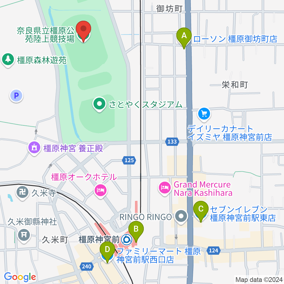 橿原公苑陸上競技場周辺のコンビニエンスストア一覧地図