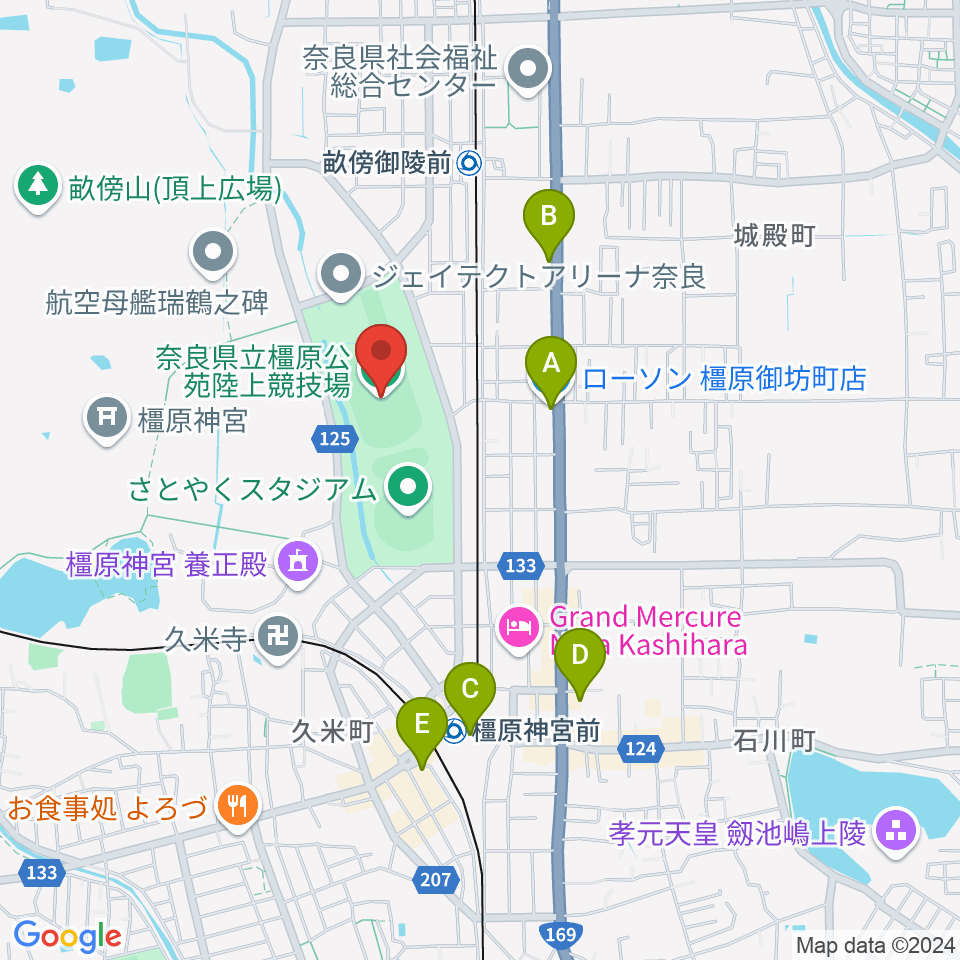 橿原公苑陸上競技場周辺のコンビニエンスストア一覧地図