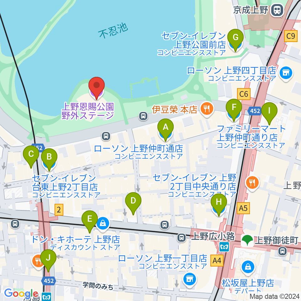 上野恩賜公園野外ステージ周辺のコンビニエンスストア一覧地図