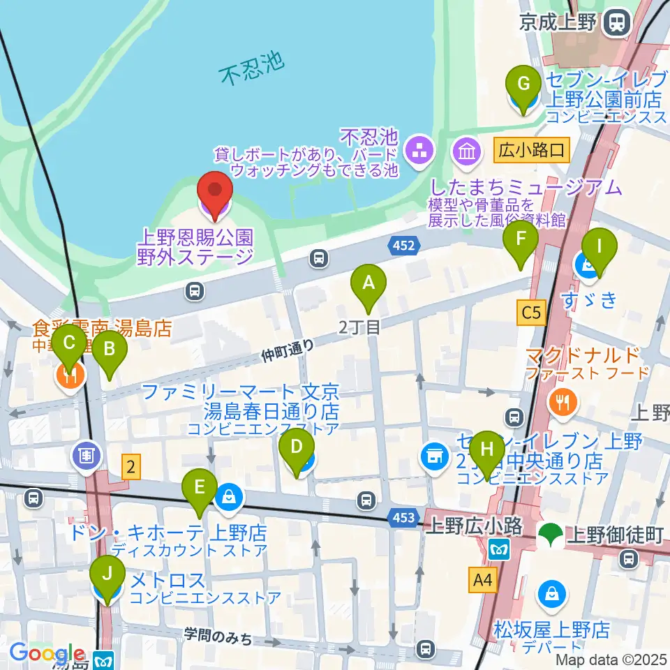 上野恩賜公園野外ステージ周辺のコンビニエンスストア一覧地図