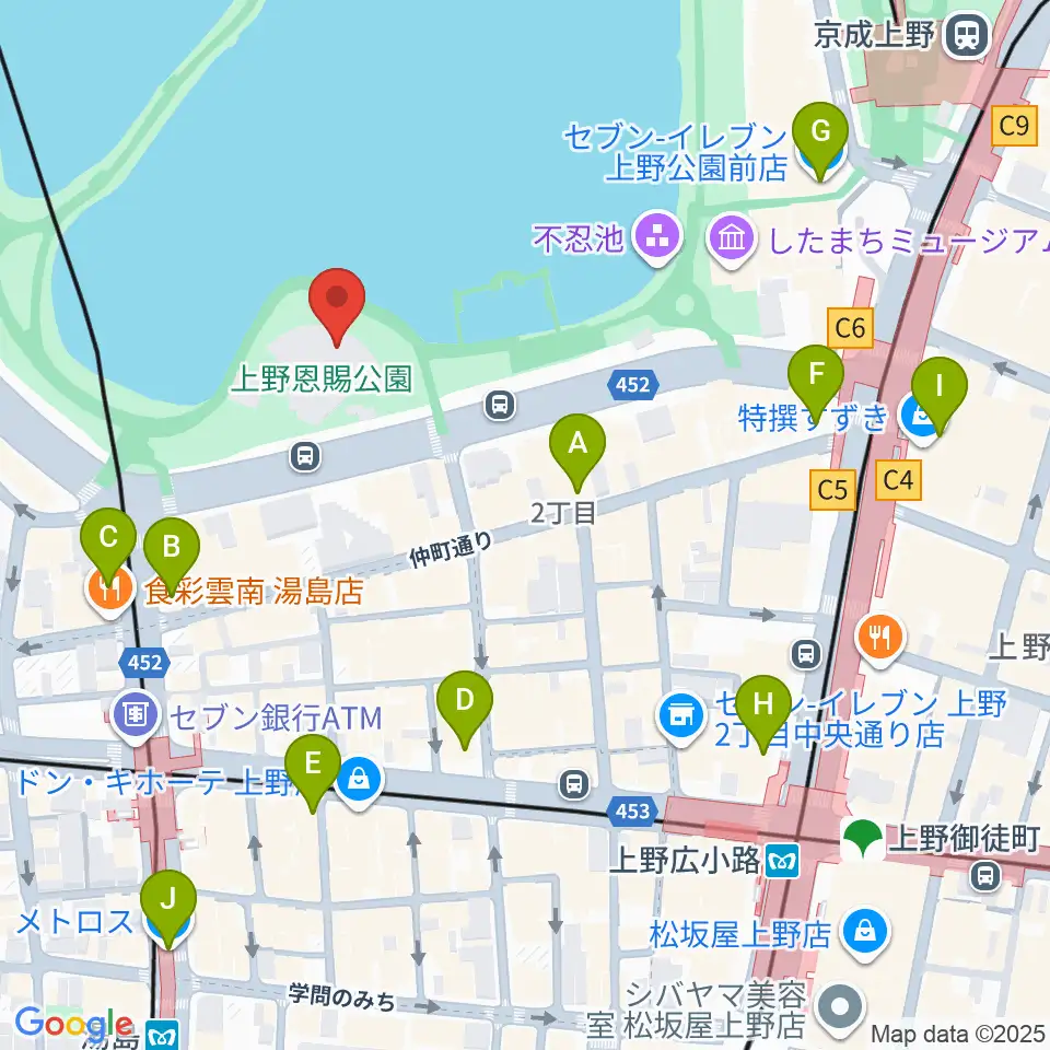 上野恩賜公園野外ステージ周辺のコンビニエンスストア一覧地図