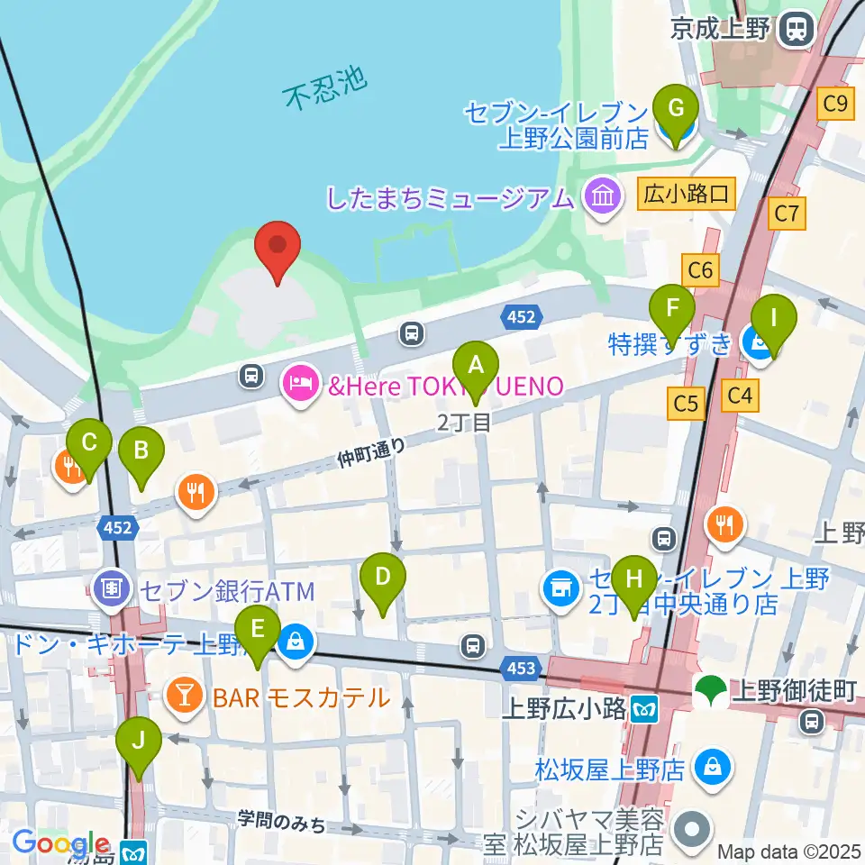 上野恩賜公園野外ステージ周辺のコンビニエンスストア一覧地図