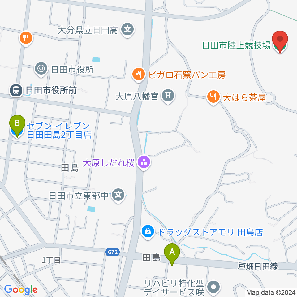 日田市陸上競技場周辺のコンビニエンスストア一覧地図