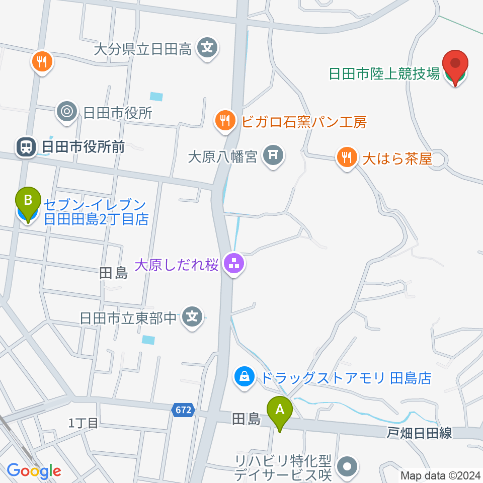 日田市陸上競技場周辺のコンビニエンスストア一覧地図