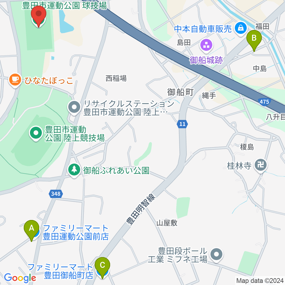 豊田市運動公園球技場周辺のコンビニエンスストア一覧地図