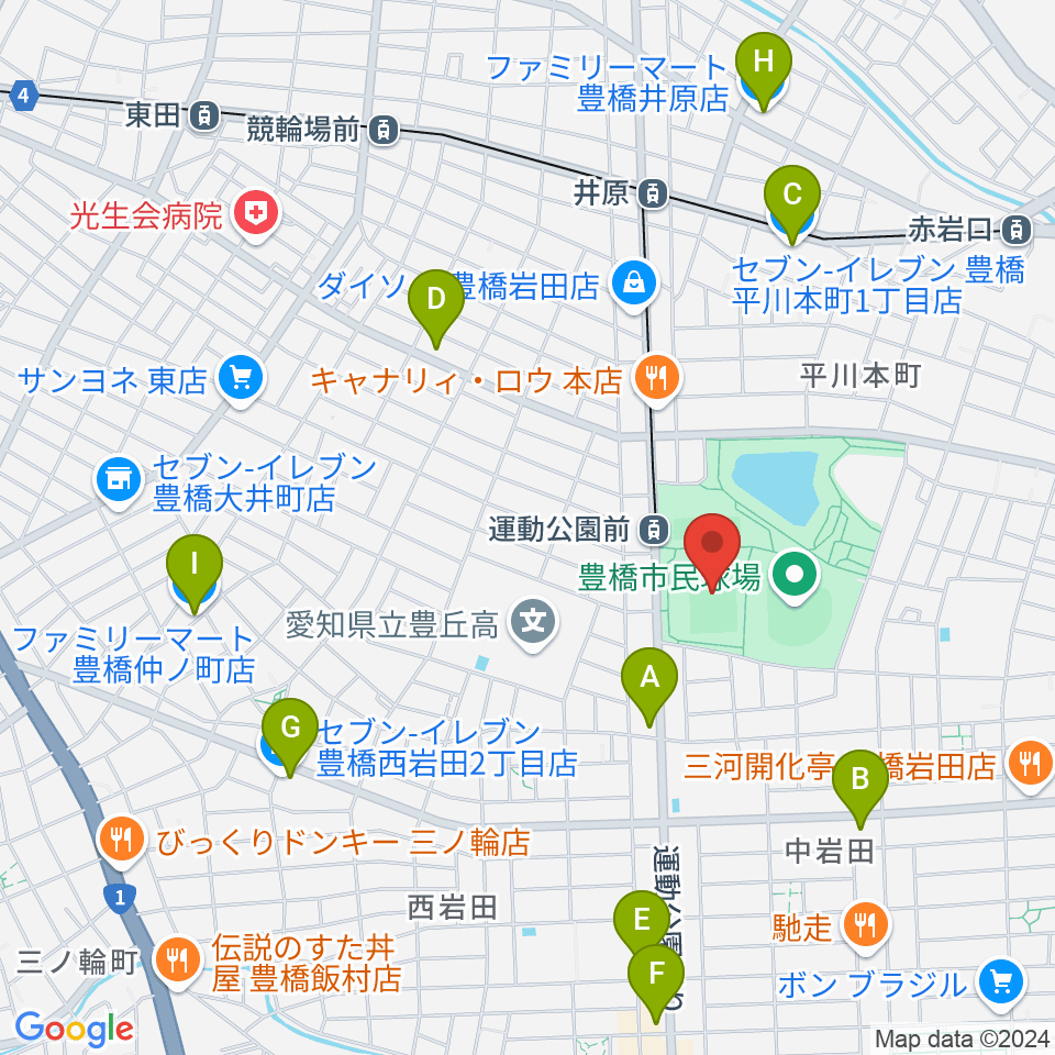 豊橋市民球技場周辺のコンビニエンスストア一覧地図