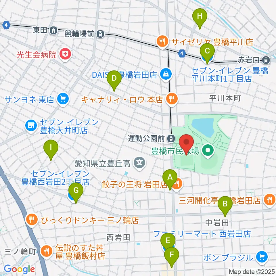 豊橋市民球技場周辺のコンビニエンスストア一覧地図