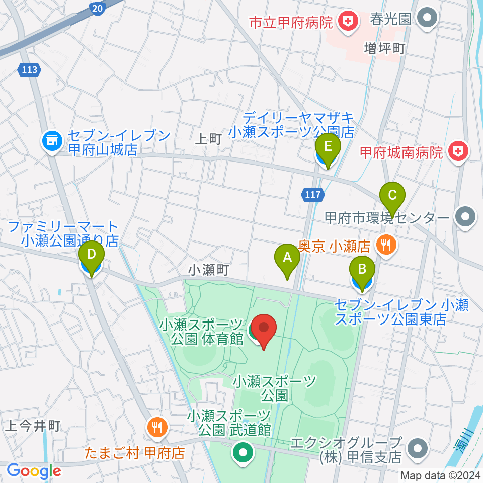 小瀬スポーツ公園体育館周辺のコンビニエンスストア一覧地図