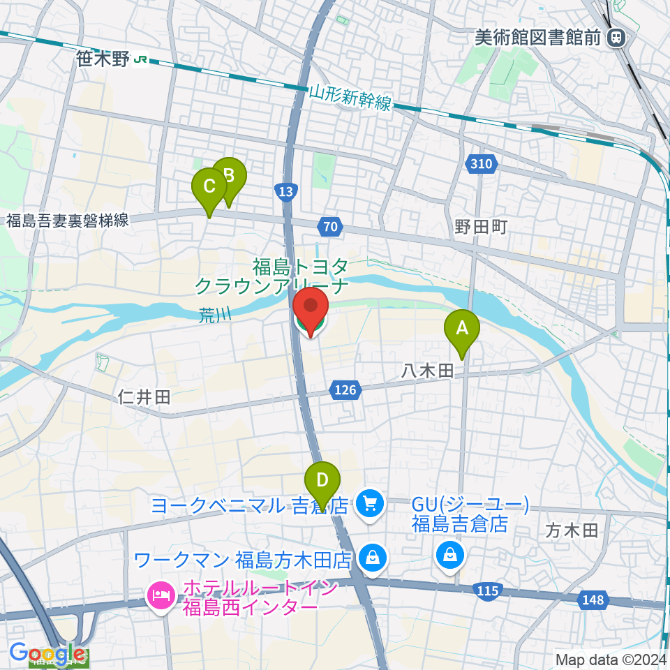 福島トヨタクラウンアリーナ周辺のコンビニエンスストア一覧地図