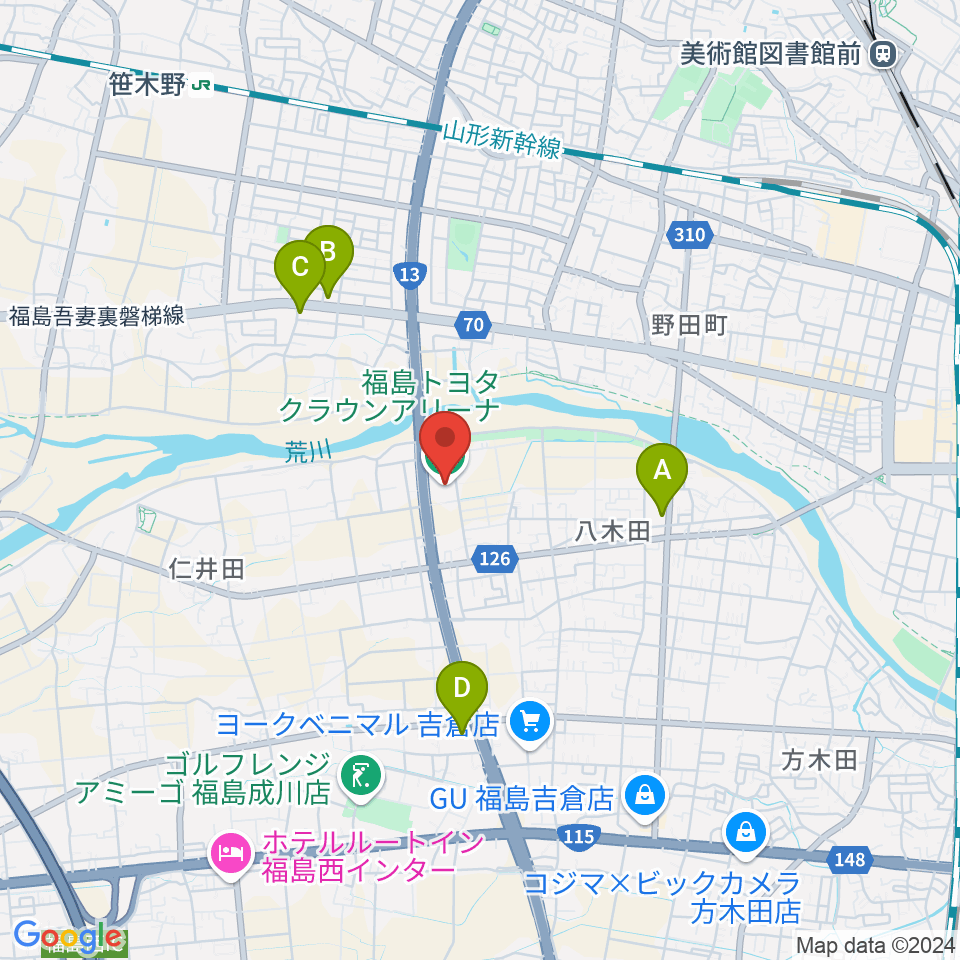 福島トヨタクラウンアリーナ周辺のコンビニエンスストア一覧地図