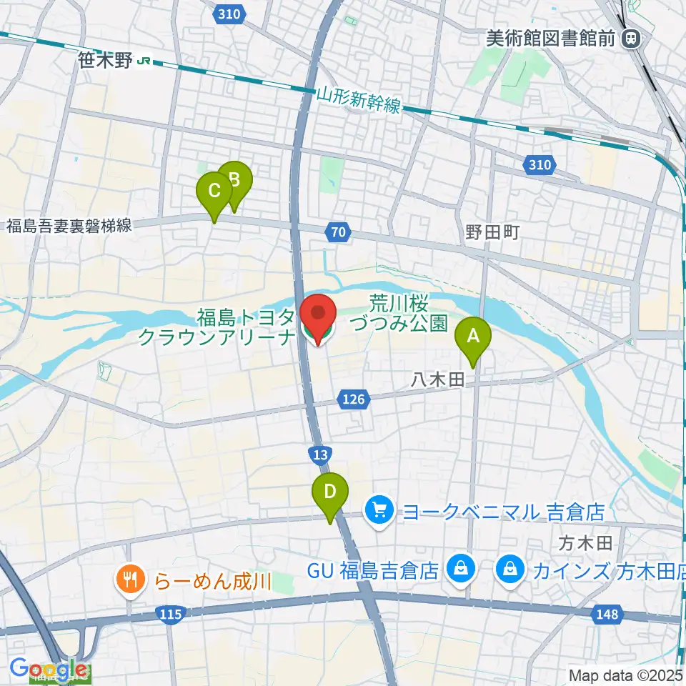 福島トヨタクラウンアリーナ周辺のコンビニエンスストア一覧地図