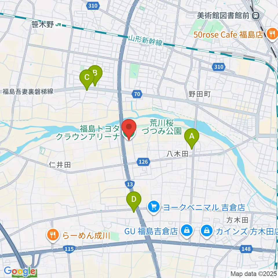 福島トヨタクラウンアリーナ周辺のコンビニエンスストア一覧地図