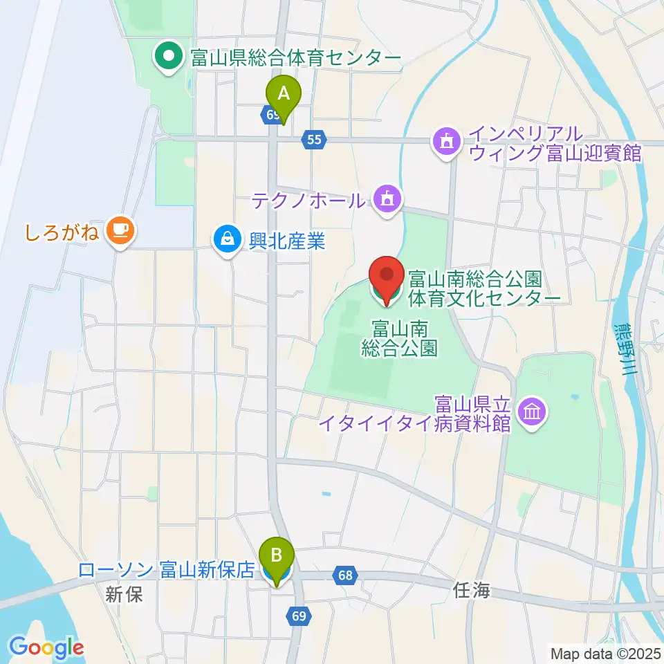 富山市南総合公園体育文化センター周辺のコンビニエンスストア一覧地図