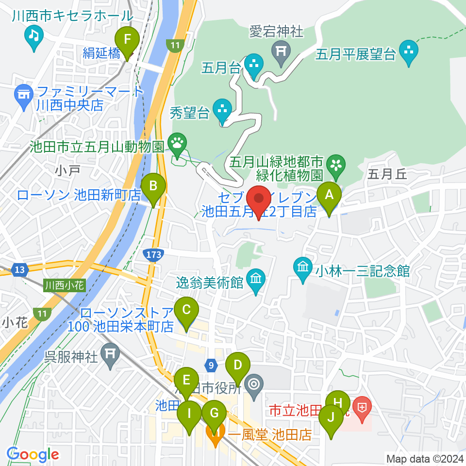 池田市五月山体育館周辺のコンビニエンスストア一覧地図