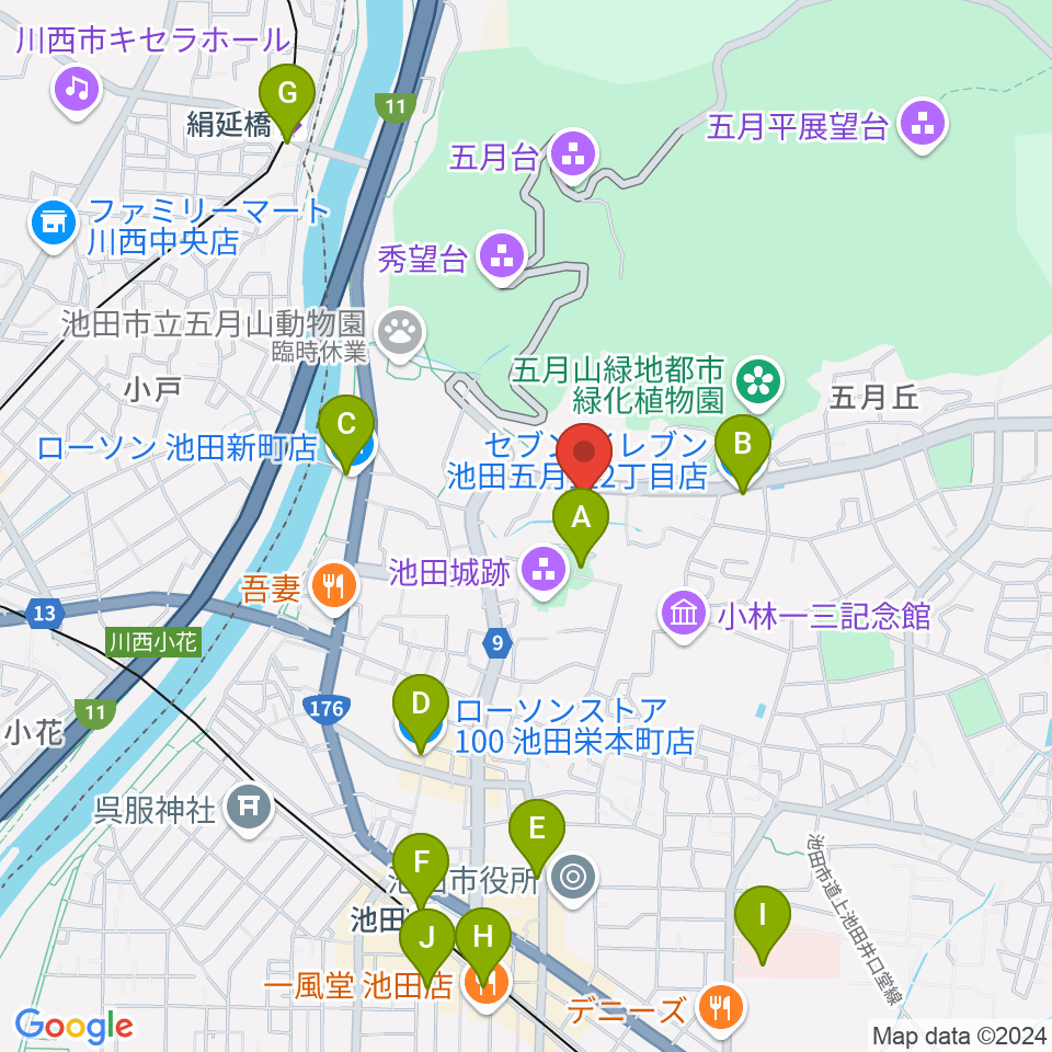 池田市五月山体育館周辺のコンビニエンスストア一覧地図