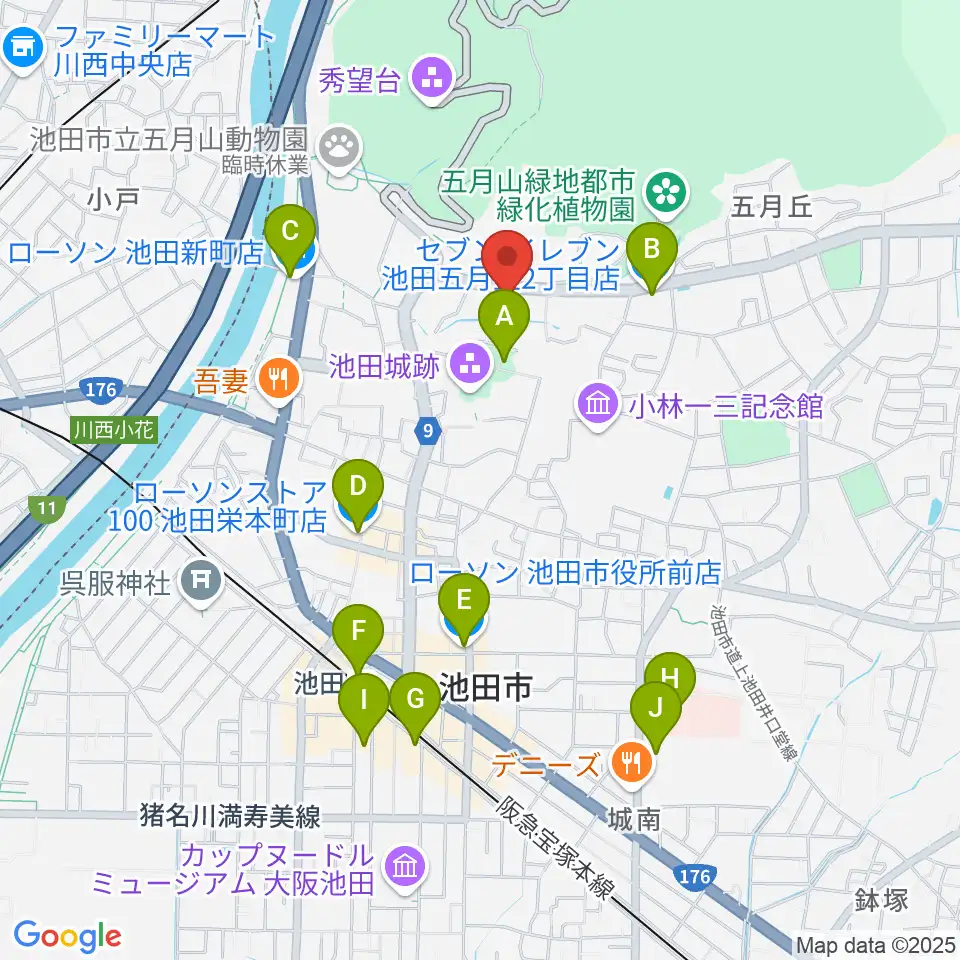 池田市五月山体育館周辺のコンビニエンスストア一覧地図